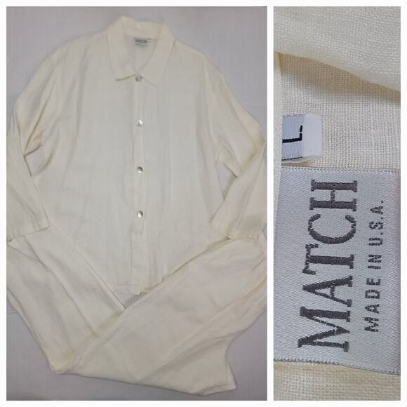 MATCH Brand 100% Linen SET Sz Large Blouse And Pants Ivory Lagenlook Coastal - Picture 1 of 13